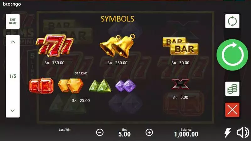 Play 777 Gems: Respin Slot Paytable