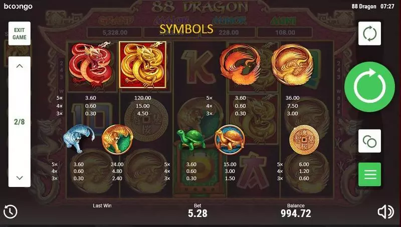 Play 88 Dragon Slot Paytable