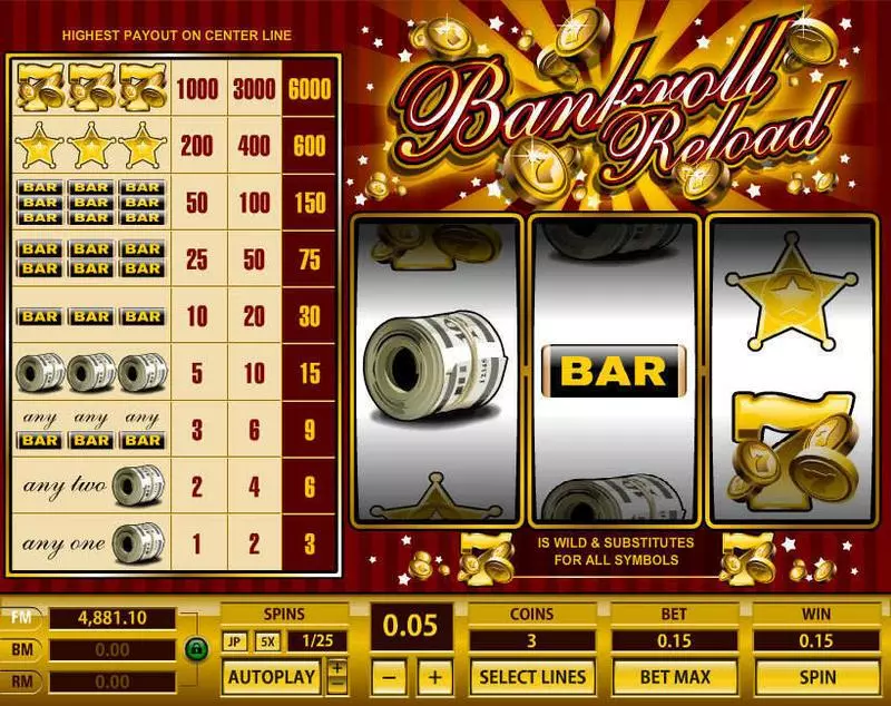 Play Bankroll Reload 1 Line Slot Main Screen Reels