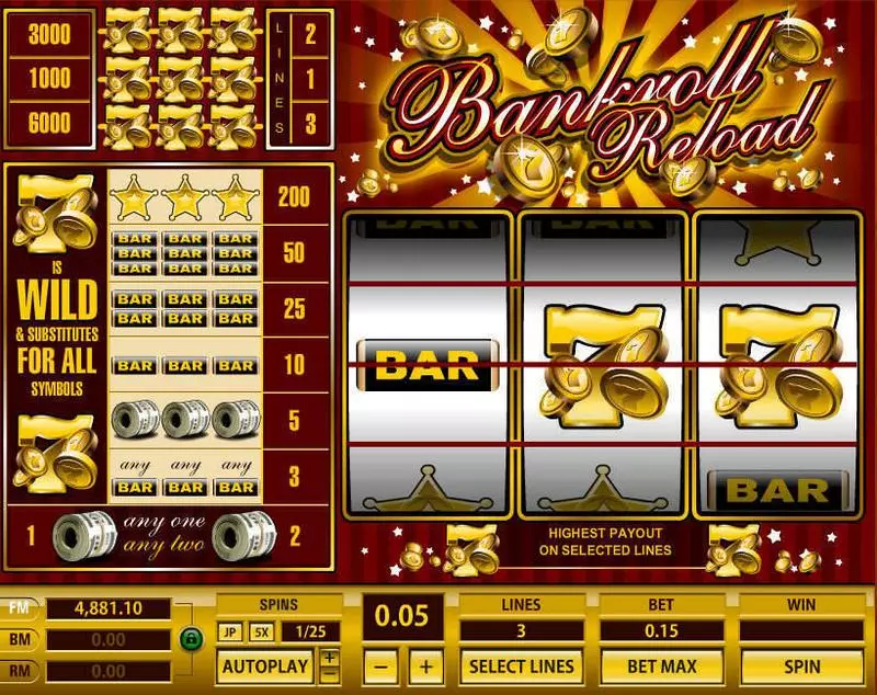 Play Bankroll Reload 3 Lines Slot Main Screen Reels