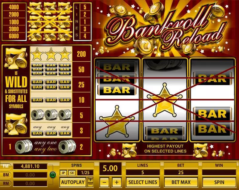 Play Bankroll Reload 5 Lines Slot Main Screen Reels