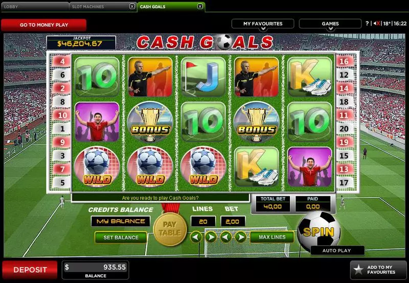 Play Cash Goals Slot Main Screen Reels