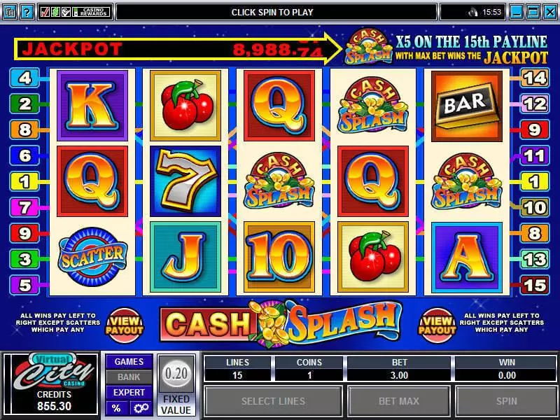 Play Cash Splash 5-Reels Slot Main Screen Reels