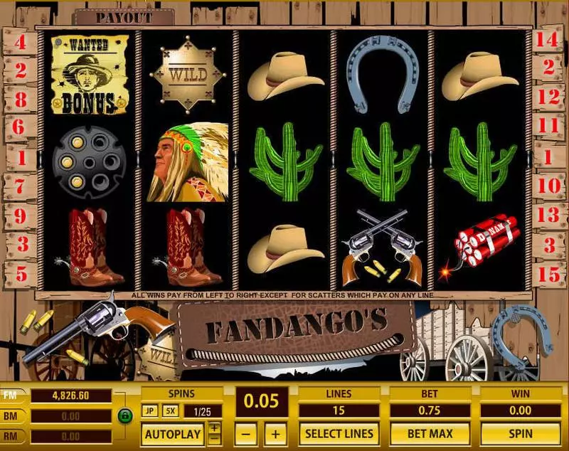 Play Fandango's 15 Lines Slot Main Screen Reels