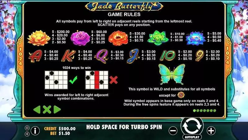 Play Jade Butterfly Slot Paytable