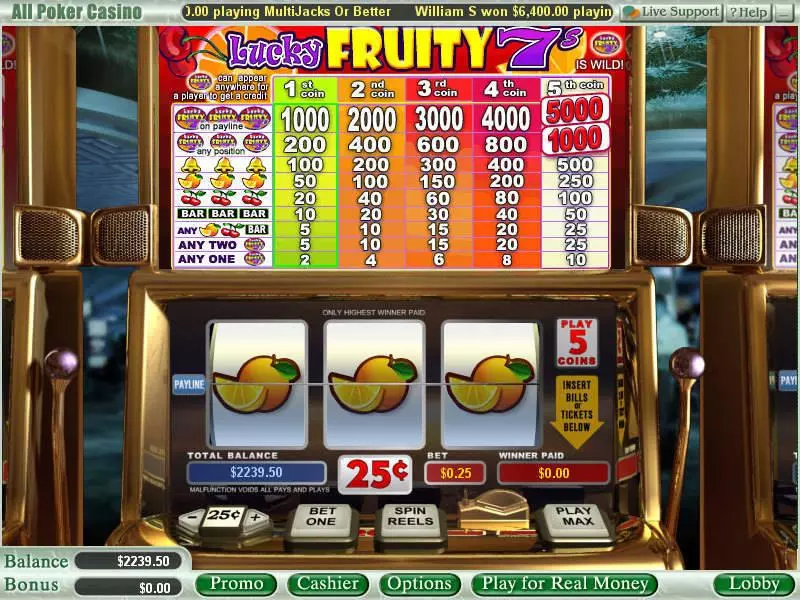Play Lucky Fruity 7's Slot Main Screen Reels