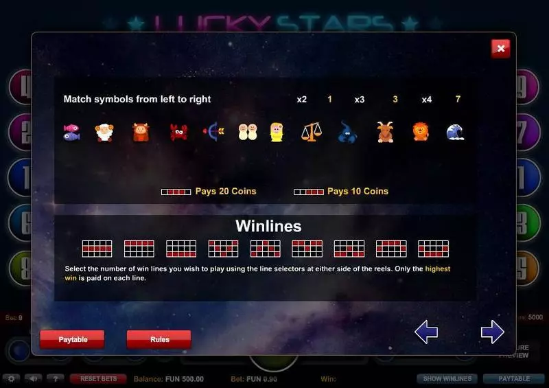 Play Lucky Stars Slot Paytable