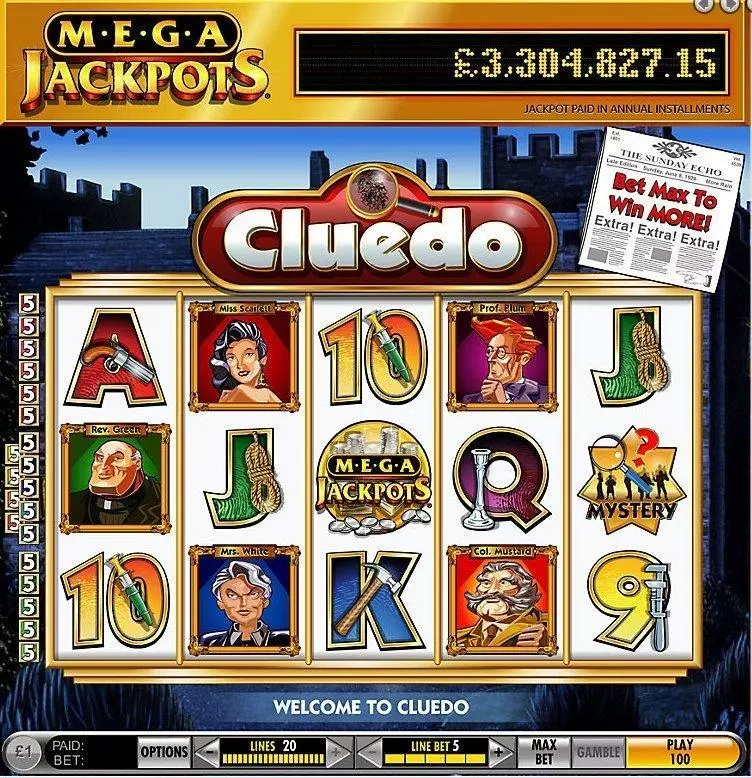 Play MegaJackpots Cluedo Free Spin Mystery Slot Introduction Screen