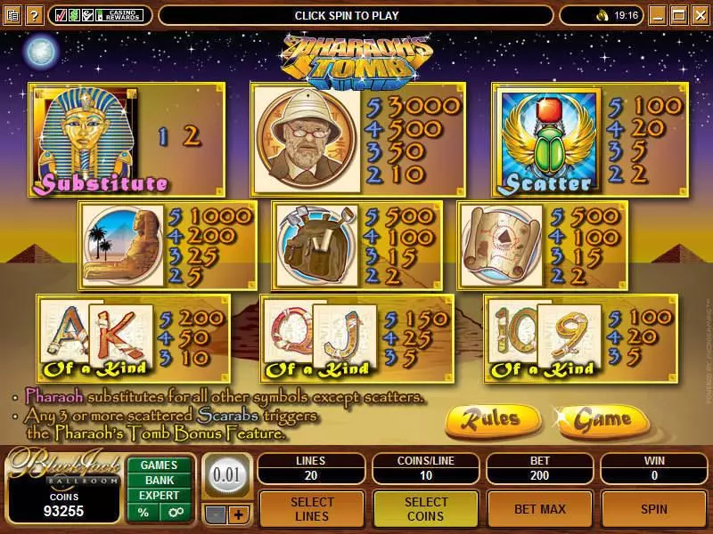 Play Pharaoh's Tomb Slot Info and Rules