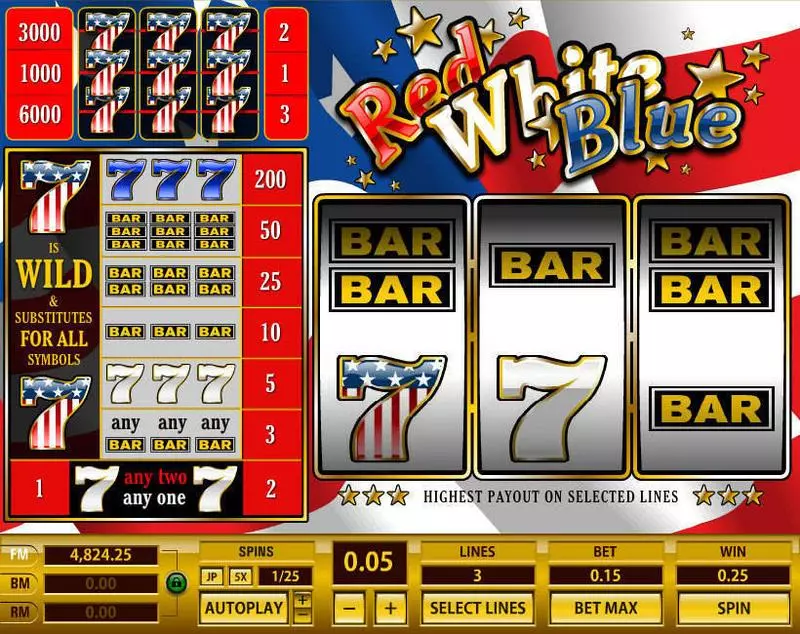 Play Red White Blue 3 Lines Slot Main Screen Reels