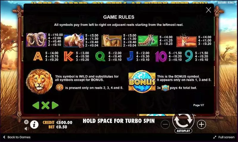 Play Safari King Slot Paytable