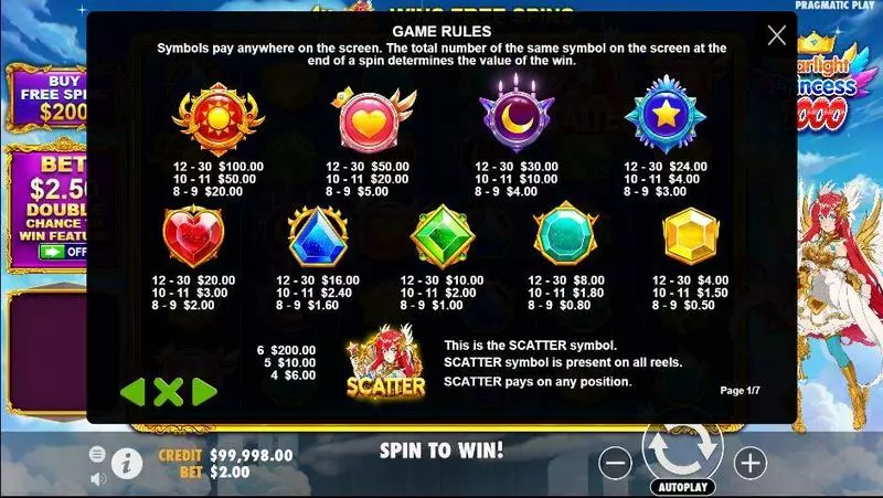 Play Starlight Princess 1000 Slot Paytable