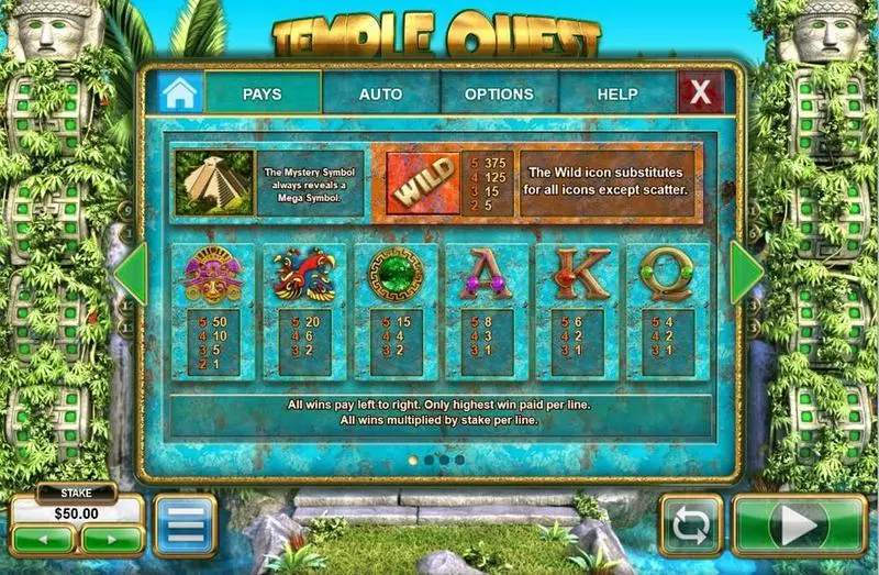 Play Temple Quest Spinfinity Slot Paytable