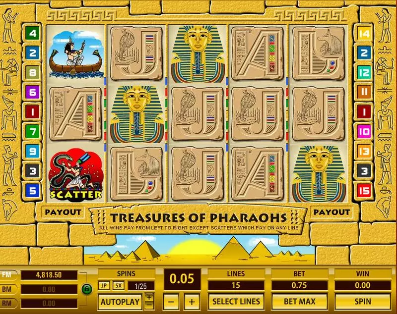 Play Treasures of Pharaohs 15 Lines Slot Main Screen Reels