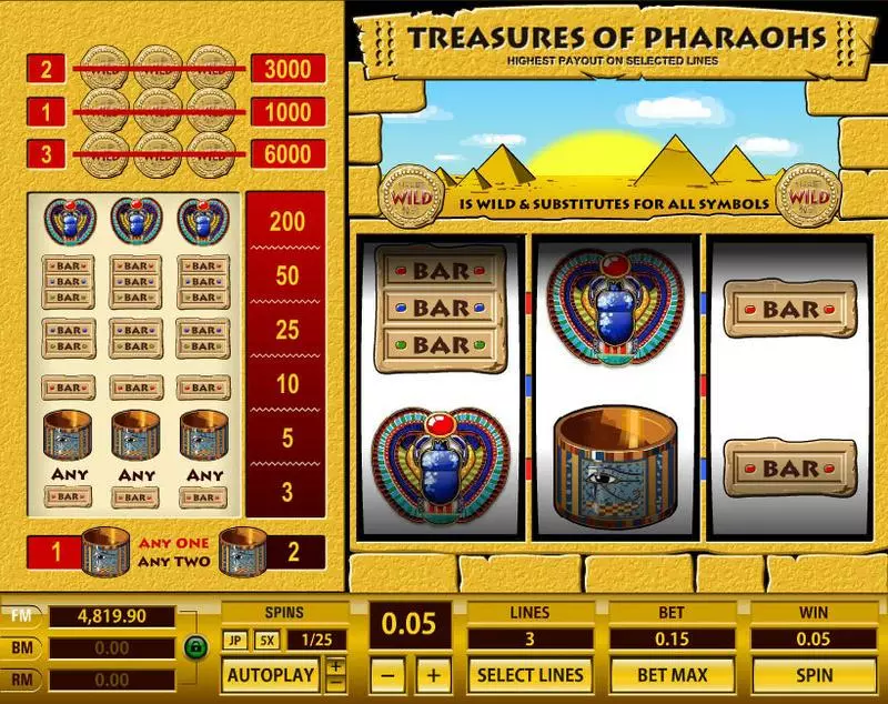 Play Treasures of Pharaohs 3 Lines Slot Main Screen Reels